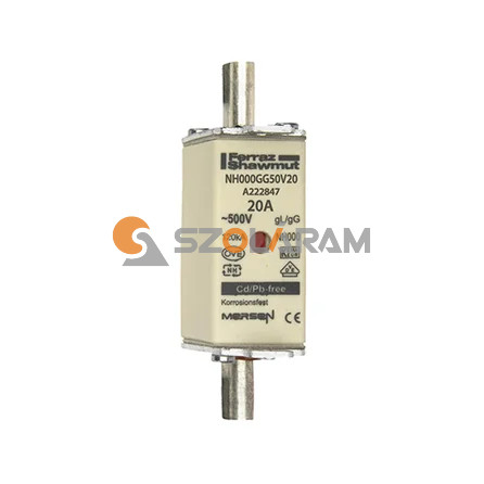Mersen NH00 20A gL/gG 500V középső-kioldásjelzéssel NH000GG50V20 biztosítóbetét