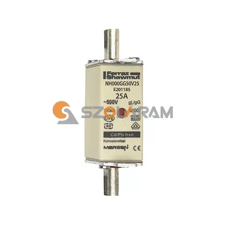 Mersen NH00 25A gL/gG 500V középső-kioldásjelzéssel NH000GG50V25 biztosítóbetét